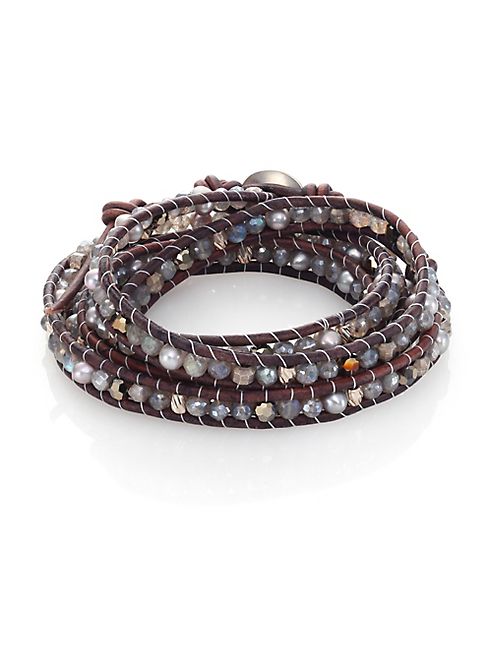 Chan Luu - 4MM Grey Freshwater Pearl, Mystic Lab, Crystal & Leather Beaded Wrap Bracelet