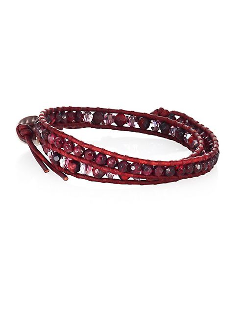 Chan Luu - Red Tiger's Eye, Garnet, Crystal & Leather Beaded Double-Wrap Bracelet