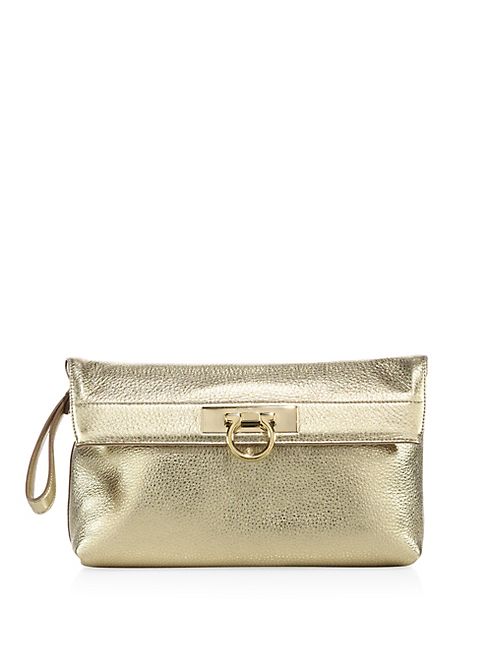 Salvatore Ferragamo - May Fold-Over Metallic Leather Clutch