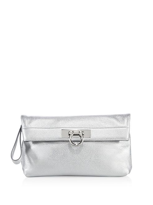 Salvatore Ferragamo - May Fold-Over Metallic Leather Clutch