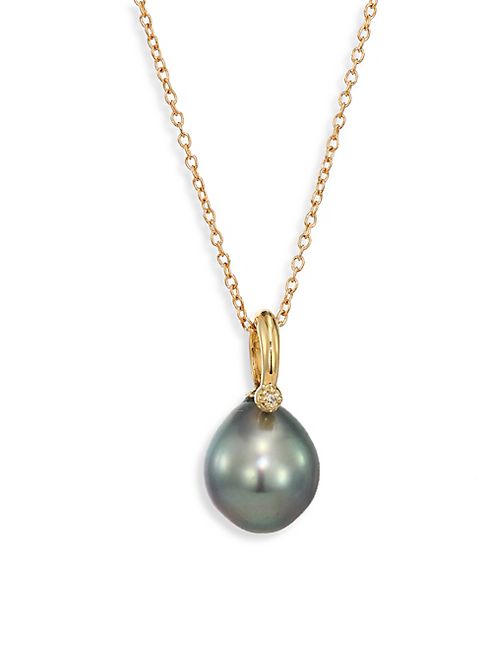 Mizuki - Diamond, 9.5MM Black Tahitian Pearl & 14K Yellow Gold Pendant Necklace