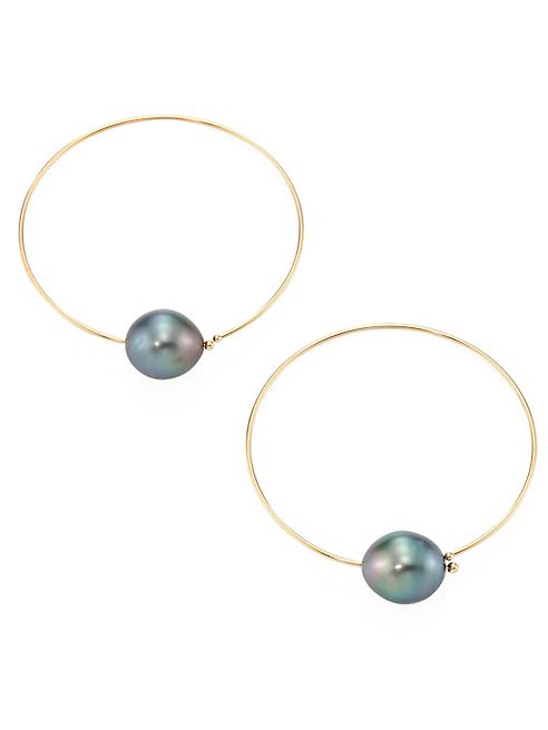 Mizuki - Sea of Beauty 12MM Black Tahitian Pearl & 14K Yellow Gold Threader Hoop Earrings