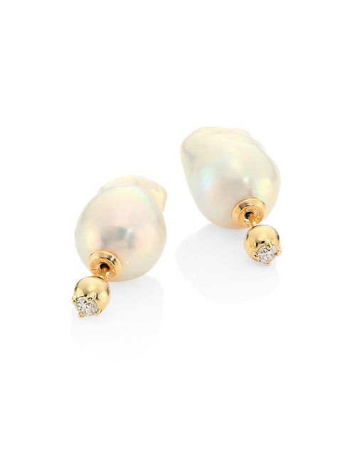 Mizuki - Sea of Beauty 12-15MM White Freshwater Pearl, Diamond & 18K Yellow Gold Front-Back Earrings