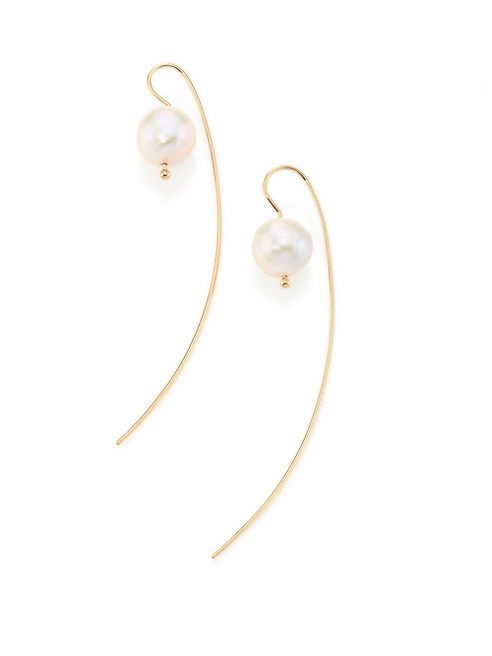 Mizuki - Sea of Beauty 12MM White Freshwater Pearl, & 14K Yellow Gold Threader Earrings