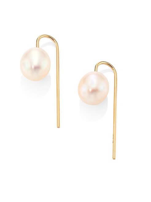 Mizuki - Sea of Beauty 9.5MM White Freshwater Pearl & 14K Yellow Gold Short Threader Earings