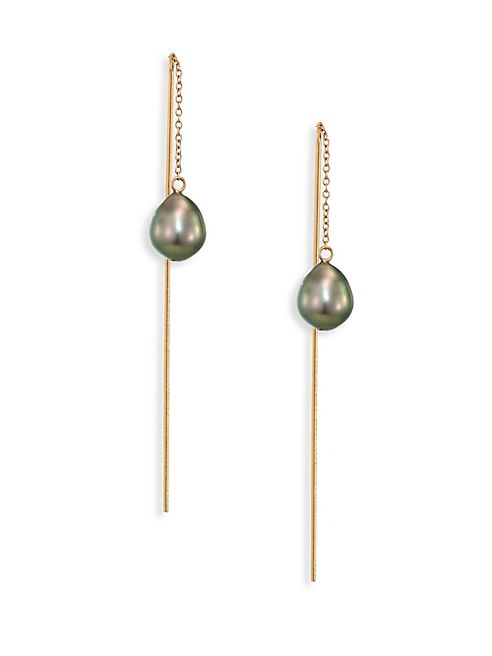 Mizuki - Sea of Beauty 9.5MM Black Tahitian Pearl & 14K Yellow Gold Long Threader Earrings