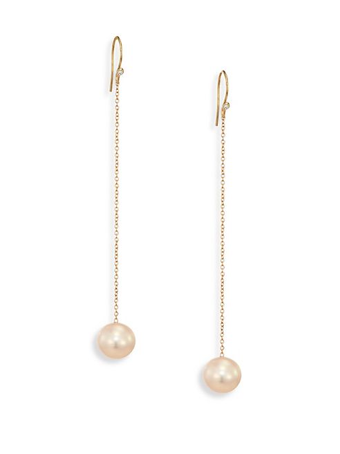 Mizuki - Sea of Beauty 10-10.5MM White Freshwater Pearl, Diamond & 18K Yellow Gold Threader Earrings