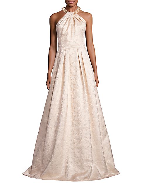 Carmen Marc Valvo - Beaded Jacquard Halter Gown