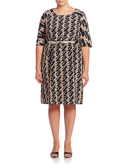 Marina Rinaldi, Plus Size - Geometric Printed Belted Waist Dress