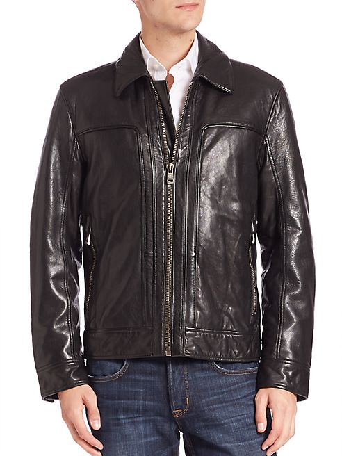 Andrew Marc - Long Sleeve Shirt Collar Leather Jacket