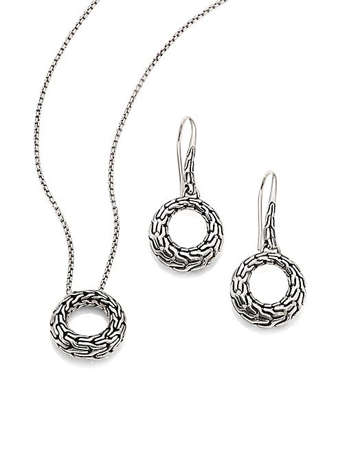 John Hardy - Classic Chain Sterling Silver Small Round Pendant Necklace & Drop Earrings Gift Box Set