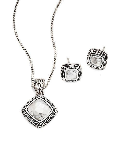 John Hardy - Classic Chain Hammered Sterling Silver Pendant Necklace & Stud Earring Heritage Gift Set