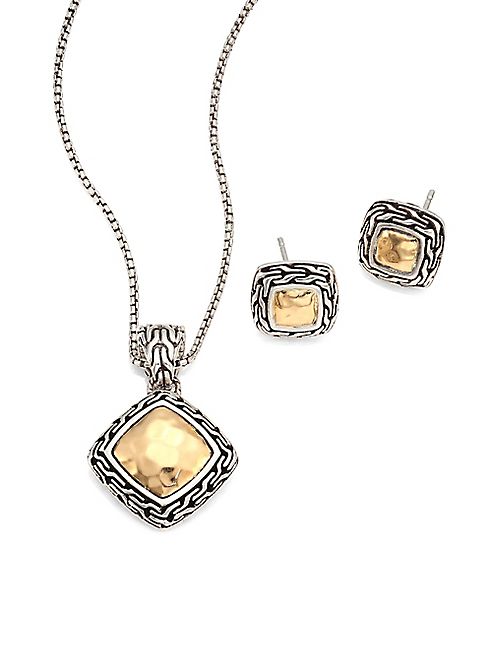 John Hardy - Classic Chain Hammered 18K Yellow Gold Pendant Necklace & Stud Earring Heritage Gift Box Set