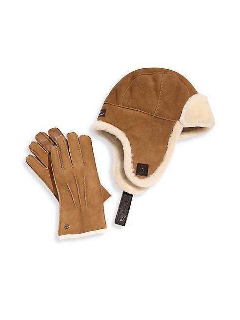 UGG - Two-Piece Shearling Sheepskin Hat and Smart Leather Gloves Set