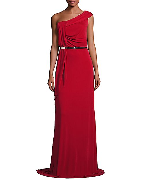 David Meister - Draped One-Shoulder Belted Gown