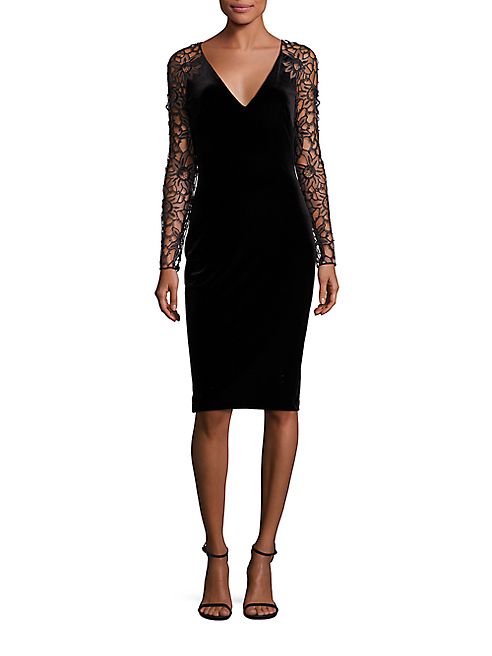 Badgley Mischka - Velvet Lace Sleeve Sheath Dress