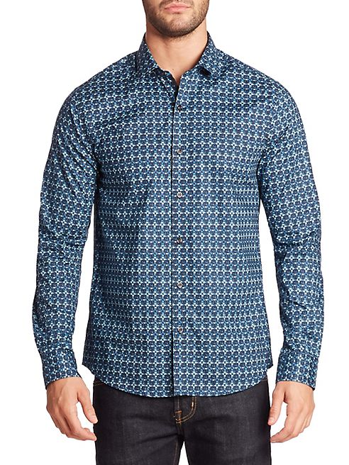 Saks Fifth Avenue Collection - Modern Cotton Blend Printed Stretch Poplin Shirt