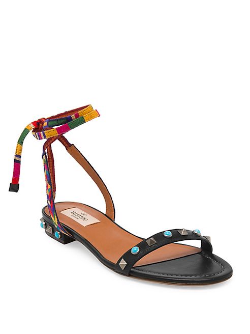 Valentino - Rockstud Rolling Embroidered Leather Ankle-Wrap Sandals