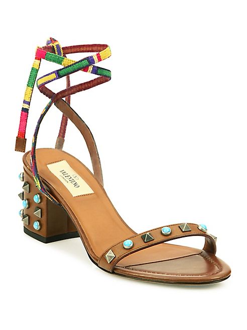 Valentino - Rockstud Rolling Leather Lace-Up Block Heel Sandals