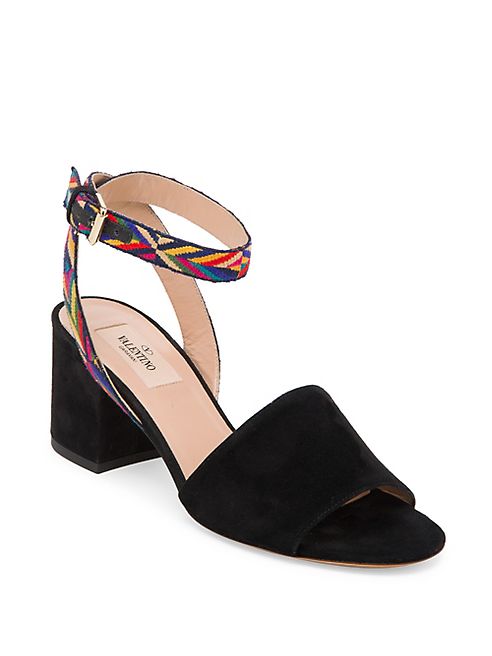 Valentino - Native Embroidered Suede Block-Heel Sandals