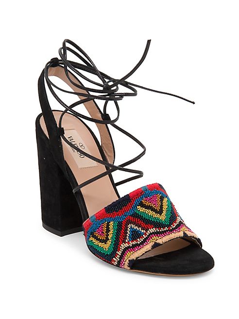 Valentino - Native Embroidered Suede Lace-Up Ankle-Wrap Sandals