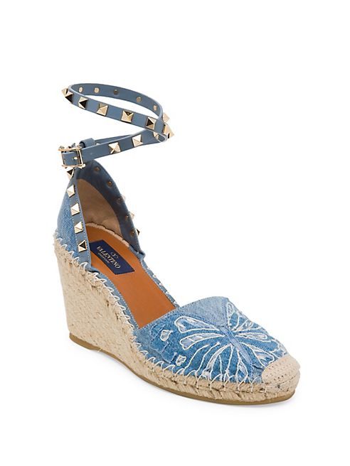 Valentino - Rockstud Double Denim Wedge Espadrilles