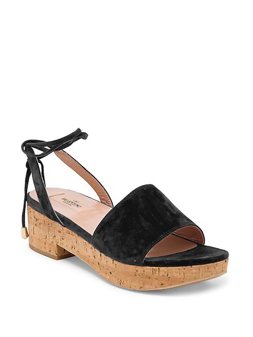 Valentino - Erin B. Cork-Heel Suede Slingbacks