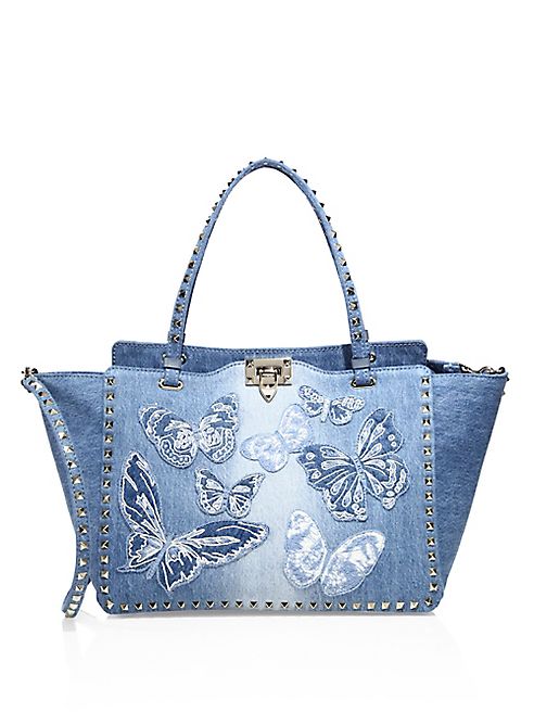 Valentino - Medium Rockstud Butterfly-Embroidered Denim Tote