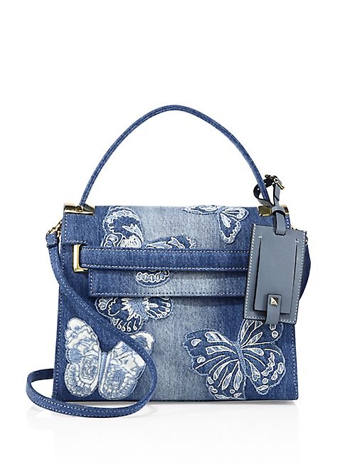 Valentino - My Rockstud Small Butterfly-Embroidered Denim Top-Handle Bag