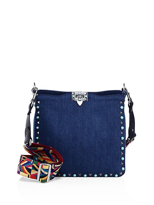 Valentino - Rolling Rockstud Small Guitar-Strap Denim Hobo Bag