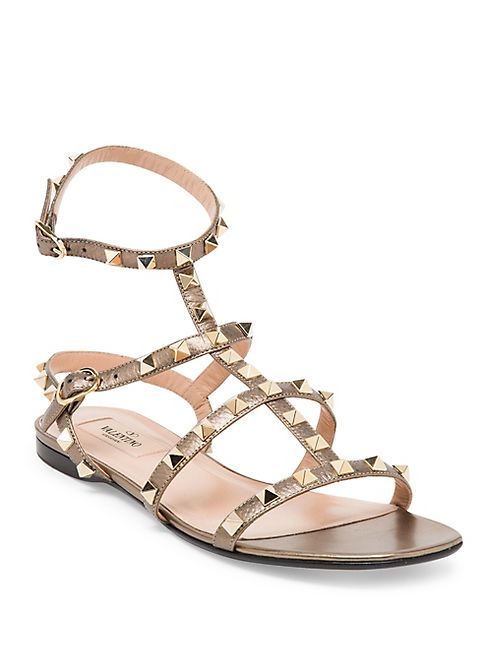 Valentino - Rockstud Metallic Leather Flat Sandals