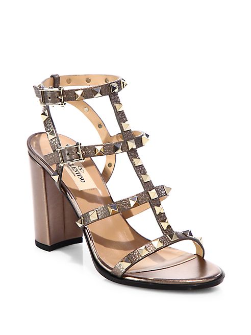 Valentino - Rockstud Metallic Leather Cage Block Heel Sandals