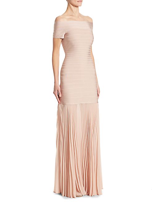 Herve Leger - Off-The -Shoulder Pleated-Hem Bandage Gown