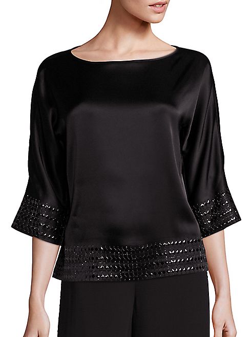 St. John - Sequin-Trim Liquid Satin Top