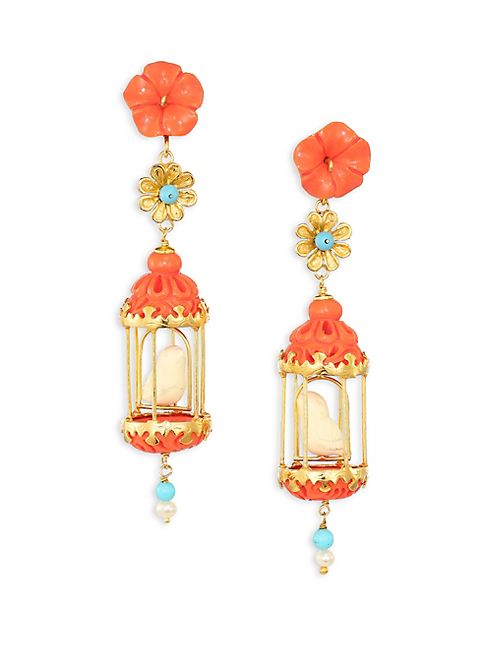 Of Rare Origin - Aviary Classic Coral, Turquoise, Bone & Freshwater Pearl Drop Earrings