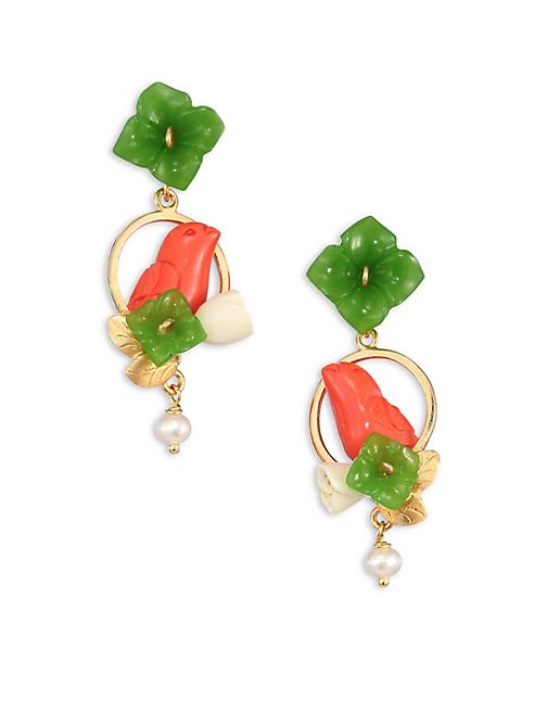 Of Rare Origin - Chicks Jade, Coral, Bone & Freshwater Pearl Drop Earrings