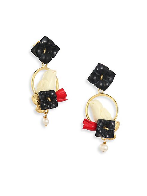 Of Rare Origin - Chicks Onyx, Coral, Bone & Freshwater Pearl Drop Earrings