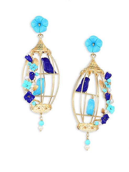 Of Rare Origin - Lovebirds Lapis, Turquoise, Horn & Freshwater Pearl Drop Earrings