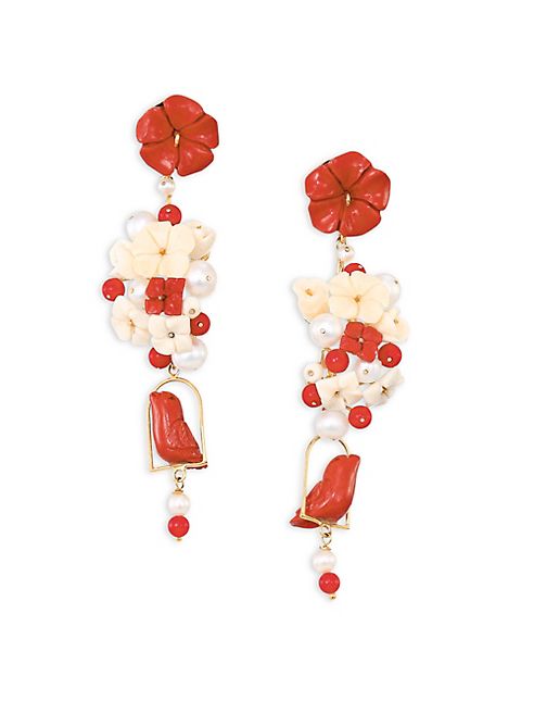 Of Rare Origin - Nesters Coral, Horn, Bone & Freshwater Pearl Drop Earrings