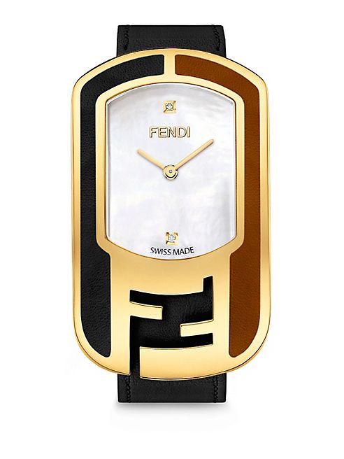 Fendi - Chameleon Diamond, Mother-Of-Pearl, Goldtone stainless Steel & Leather Strap Watch/Black