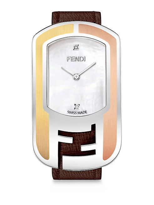 Fendi - Chameleon Diamond, Mother-Of-Pearl, Stainless Steel & Leather Strap Watch/Brown