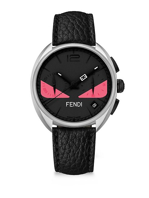 Fendi - Momento Fendi Bug Black, Stainless Steel & Leather Strap Watch