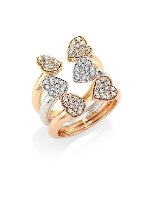 Hueb - Hearts Diamond & 18K Tri-Tone Gold Open Ring