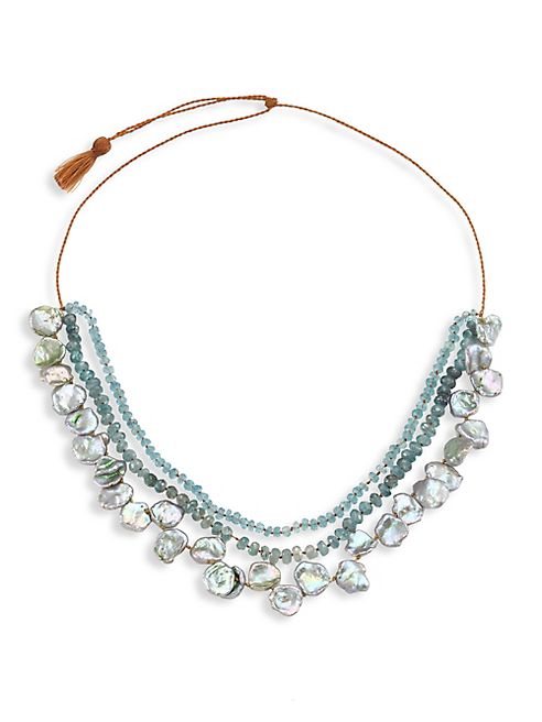 Lena Skadegard - 5MM Grey Keshi Freshwater Pearl & Aquamarine Floating Cord Necklace