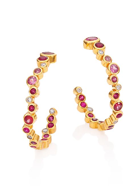 GURHAN - Pointelle Diamond, Multi-Stone & 24K Yellow Gold Hoop Earrings/1.2