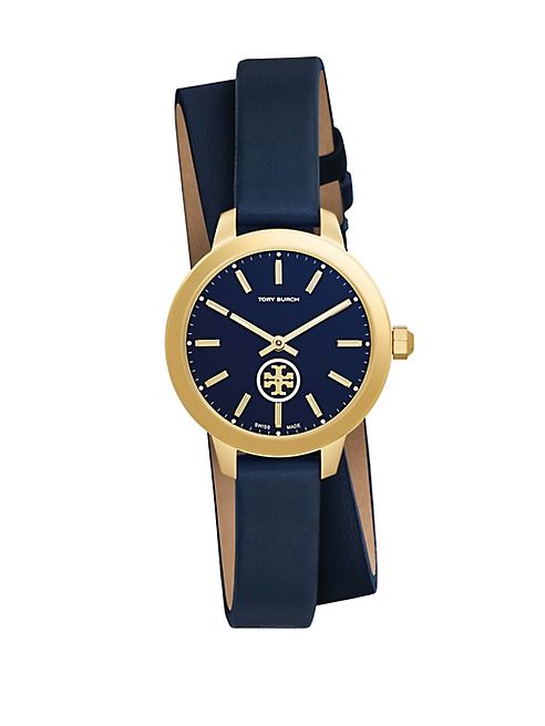 Tory Burch - Collins Goldtone Stainless Steel & Leather Double-Wrap Strap Watch/Navy