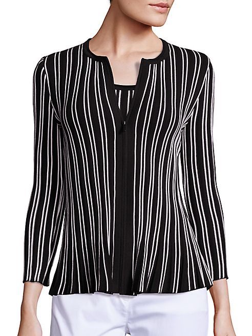 St. John - Striped Zip-Front Peplum Cardigan