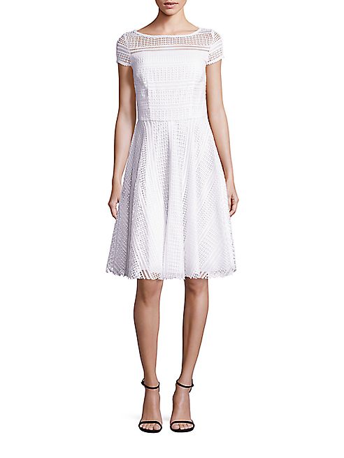 St. John - Diamond Stripe Lace Cap-Sleeve Dress