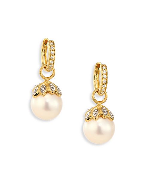 Jude Frances - Sonoma Leaf Cap 10MM White Pearl, Diamond & 18K Yellow Gold Earring Charms