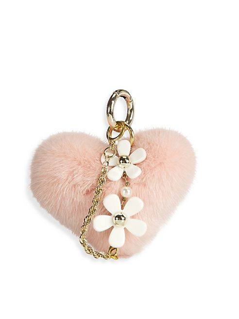 The Fur Salon - Flower-Embellished Mink Fur Heart Keychain